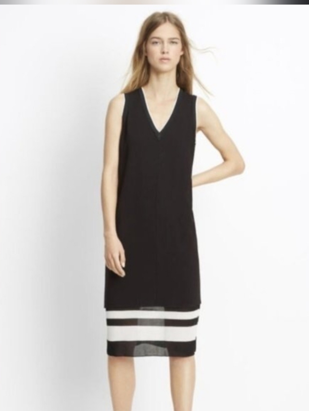  Vince Blocked Stripe Double Layer V-neck dress